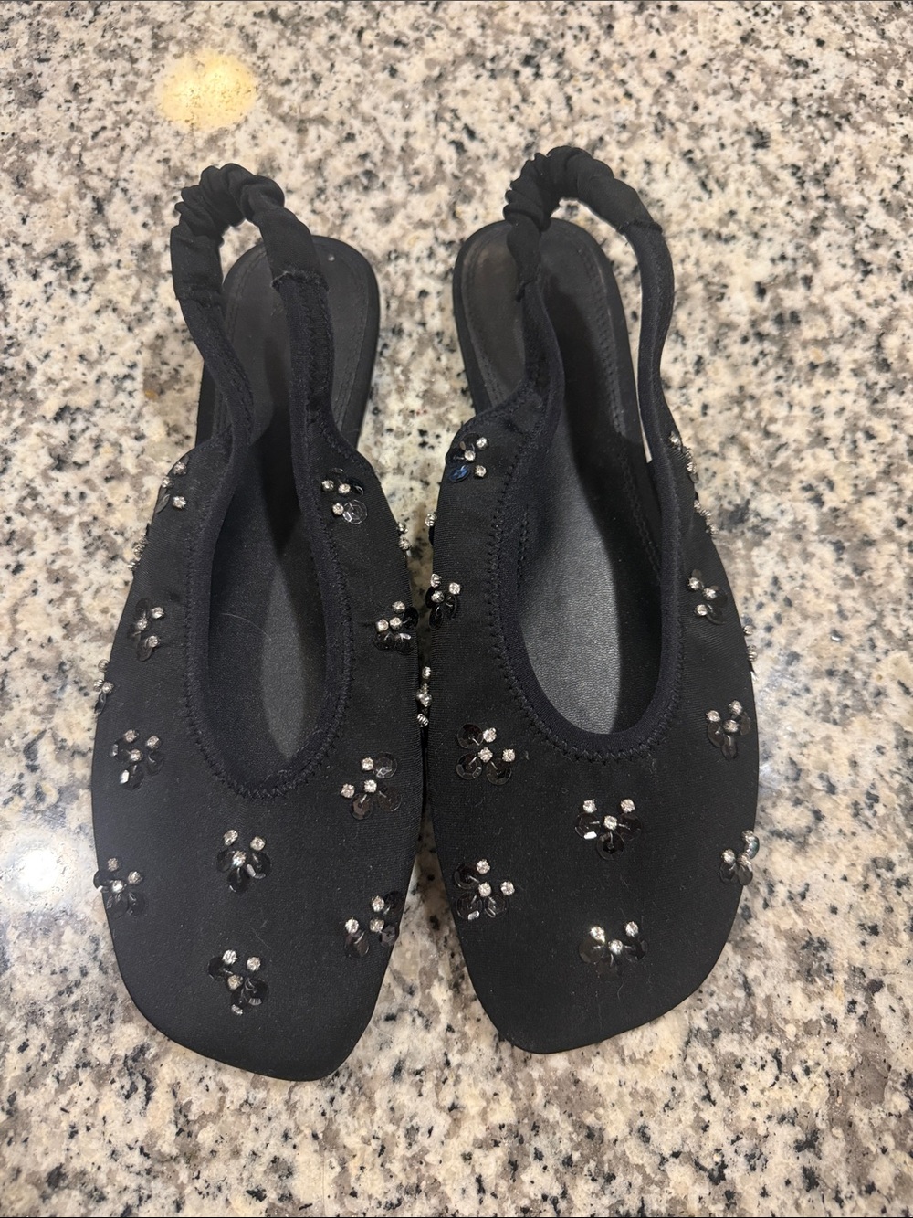 H&M Black Embellished Slingback Flats with Crystal Flowers